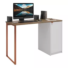 Mesa Escrivaninha Industrial Trabalho E Estudos Home Office Estilo Nórdico Escandinavo C/ Armário Embutido Cor: Madeirado Com Branco E Ferro Cobreado