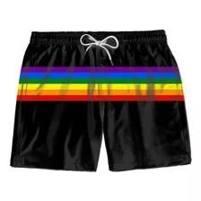 Short Praia Masculino Listrado Lgbt Com Bolso