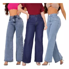 Kit 3 Calça Jeans Wide Leg Feminina Cos Alto 100% Elegante
