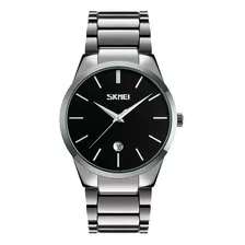 Reloj Hombre Skmei 9140 Acero Minimalista Fecha Elegante Color De La Malla Plateado/negro