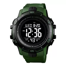 Reloj Pulsera Skmei 1475 De Cuerpo Color Negro, Digital, Para Hombre, Fondo Negro, Con Correa De Poliuretano Color Verde Militar, Dial Gris, Minutero/segundero Gris, Bisel Color Negro, Luz Verde