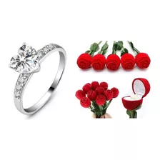 Anillo Corazon En Estuche De Flor Plata 925 Compromiso Amor