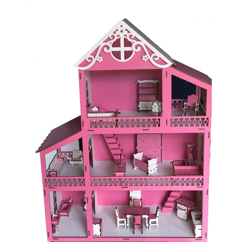 Casinha De Boneca Polly Mdf Pintada Adesivada 43 Móveis cru