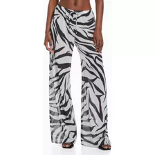 Pantalón Wide Leg Playero Grande L 30 G Cebra Zebra Blanco