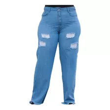 Calça Wide Leg Jeans Rasgadinha Feminina Tamanhos Grande