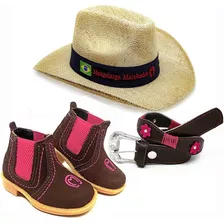 Kit Infantil Bota Rosa Feminina + Chapeu Mm + Cinto Couro 