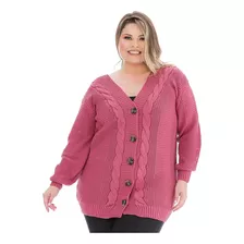 Casaco Tricô Plus Size Botões Trança Decote -022