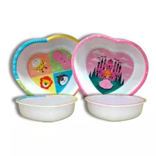 Kit 2 Pratos Infantil Tigela Coração Meninas 15,5cm Papinha