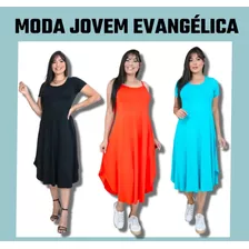 Vestido Moda Jovem Evangélico Midi Elegante Assimétrico