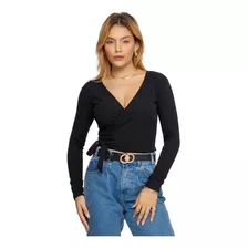 Blusa Feminina Transpassada Envelope Manga Longa Canelada