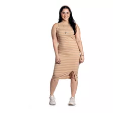 Vestido Midi Feminino Tubinho Canelado Gola Alta Listrado 