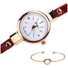 Relógio Feminino Dourado Strass Kit Com Pulseira Bracelete Cor Da Correia Vermelho Cor Do Fundo Branco