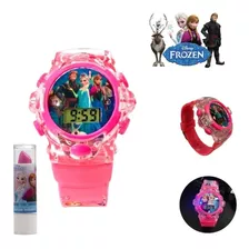 Relógio Infantil Frozen Pisca Meninas Led Disney + Batom