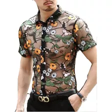 Camisas De Malla Transparente Para Hombre, Bordado Floral Vi