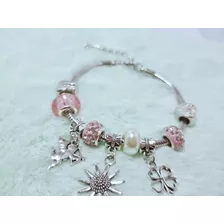 Pulsera Estilo Con Angel ,perla ,charm Rosada Para Mujer