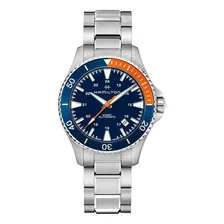 Reloj De Pulsera Hamilton Khaki Field H82365141 De Cuerpo Color Plateado, Análoga, Para Hombre, Fondo Azul Marino, Con Correa De Acero Color Plateado, Bisel Color Azul Y Naranja