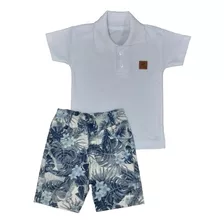 Camisa Polo Infantil + Bermuda Brim Floral Bebê Menino
