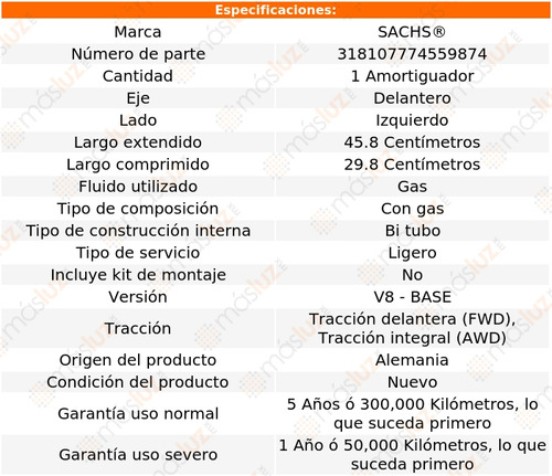 1- Amortiguador Gas Delantero Izq S80 V8 4.4l 07/10 Sachs Foto 2