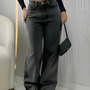 Calça Jeans Wide Leg Feminina Cintura Alta Pantalona Preto Black Marmo Liso 46