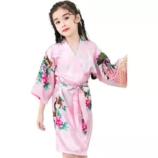 Kimono Infantil De Cetim Com Estampa De Pavão - Rosa