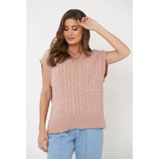 Colete De Tricot Feminino Ralm De Tranças E Decote V - Rosa