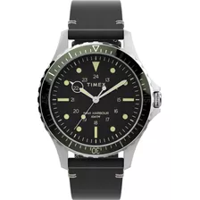 Reloj Timex Hombre Tw2v45300 Cuero Negro Navi Harbour Wr100m Color Del Bisel Verde Oscuro