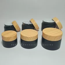 Pote Vidrio Negro Mate En 50 Gr Tapa Simil Madera Pack X10