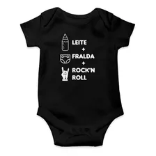 Body Preto Infantil Rock N Roll Engraçado Leite Fralda