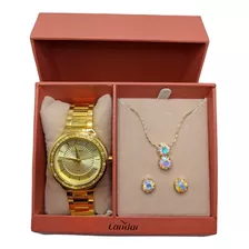 Relógio Feminino Dourado Kit Com Colar E Brinco Inox Vk4d