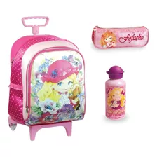 Kit Escolinha Mochila Rodinhas P + Estojo + Garrafinha Rosa