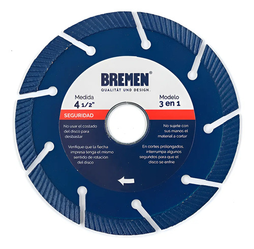 Disco Corte Diamantado Bremen 3en1 Turbo Segmen 4-½ 6062 Dgm Azul