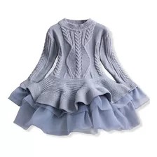 Vestido Festa Manga Longa Tricot Lã Cinza 3 Anos Inverno 