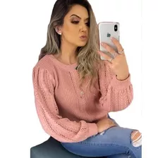 Blusa Tricot Manga Rendada Fofa Larga Novidade Tendencia 