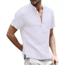 Camisa Algodon Lino Hombre Verano Cuello Bajo Informal