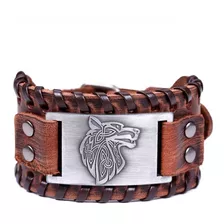 Bracelete Couro Viking Lobo Fenrir Tribal Pulseira Runas 