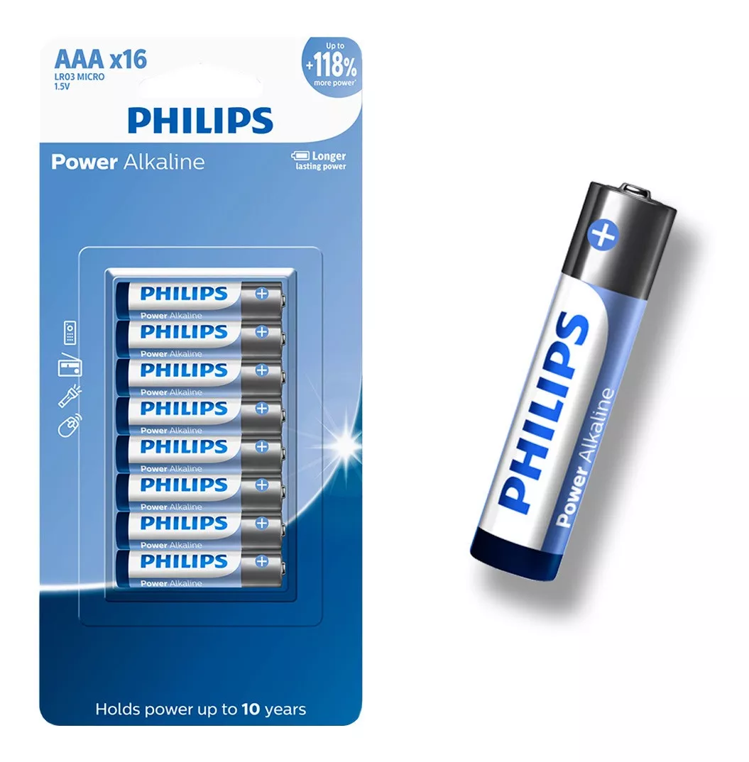 16 Pilhas Bateria Aaa Palito 3a Alcalina Philips 1 Cartela