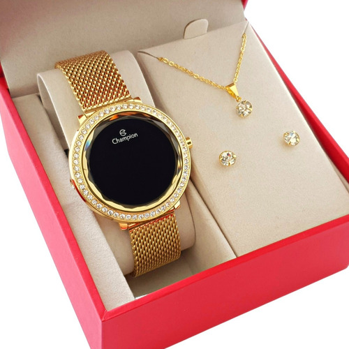 Relógio Feminino Champion Dourado Luxo + Kit Colar Brincos