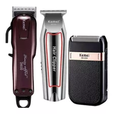 Kit Kemei Máquina De Cortar Cabelo + Acabamento + Barbeador