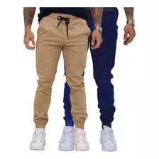 Kit 02 Calças Jogger Sarja Masculina Com Punho Elástico