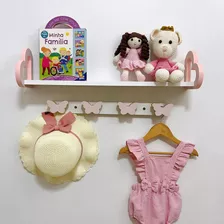 1 Prateleira Coração Rosa 60cm E 1 Cabideiro Formas Infantil