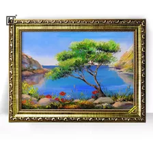 Quadro Moldura Trabalhada Paisagem Baia Arvore Mar Grande