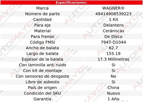 Juego Balatas Ceramicas Del Volvo S40 L 4 2.0l 11 Wagner Foto 2