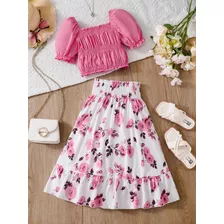 Conjunto De Duas Peças De Vestido Rosa De Manga Curta