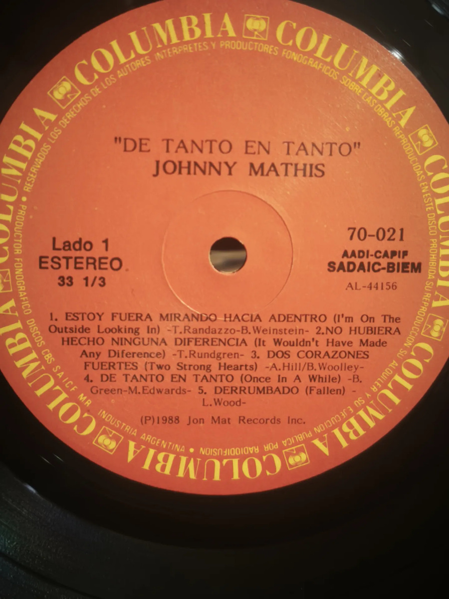 Johnny Mathis - De Tanto En Tanto - vinilo 1988