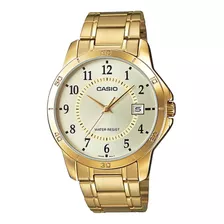 Reloj Pulsera Casio Enticer Mtp-v004 De Cuerpo Color Dorado, Analógico, Para Hombre, Fondo Dorado, Con Correa De Acero Inoxidable Color Dorado, Agujas Color Dorado, Dial Negro, Minutero/segundero Negr