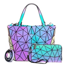 Bolsa Tornasolada Y Cartera Luminosa Fluorescente 2x1