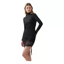 Vestido Nice Pompavana Microfibra Manga Larga Polera Negro