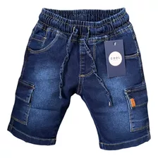 Bermuda Elástico Cargo Cordão Jeans Infantil Juvenil Meninos