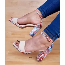 Zapato De Dama Estilo Sandalia Tacon Con Flores Color Beige
