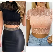 Blusa Cropped Feminino Gola Alta Renda Bojo Manga Curta Moda